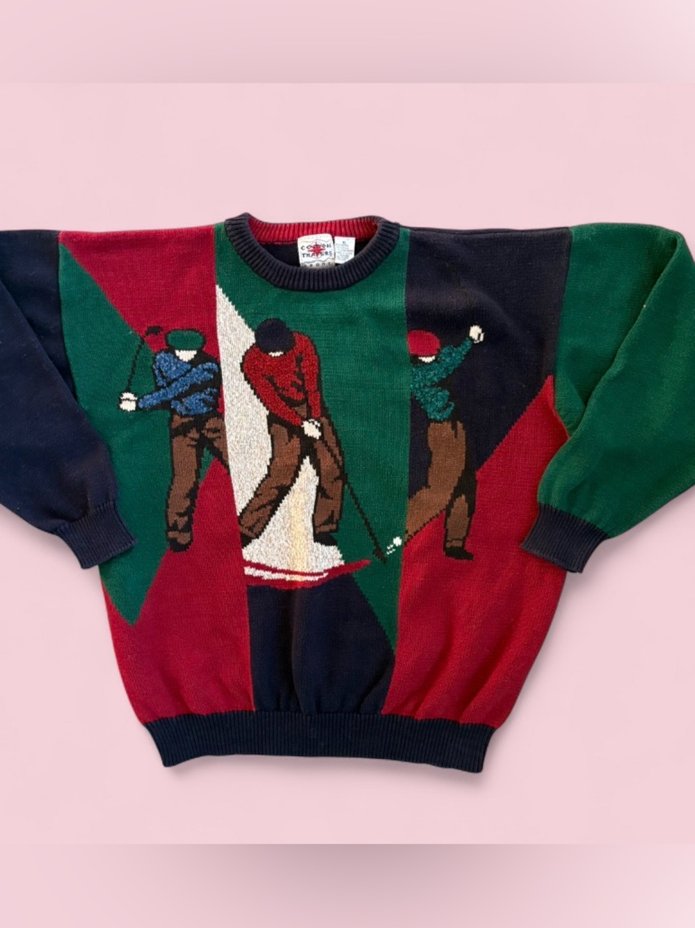 Vintage 90s Cotton Traders Red, Navy, Green Golf Graphic Grandpacore Sweater XL